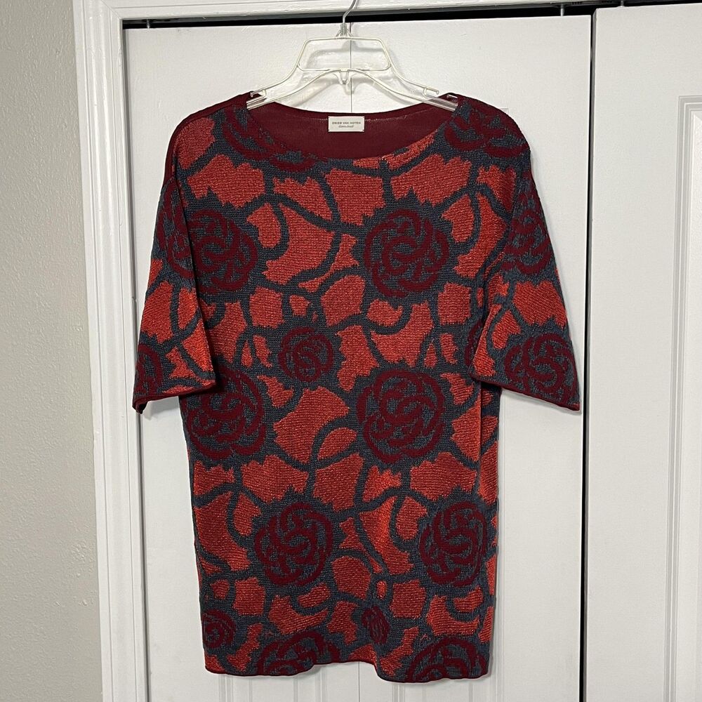 Dries Van Noten Sweater Tunic Womens XS Red Floral Knit Short Sleeve Belgium